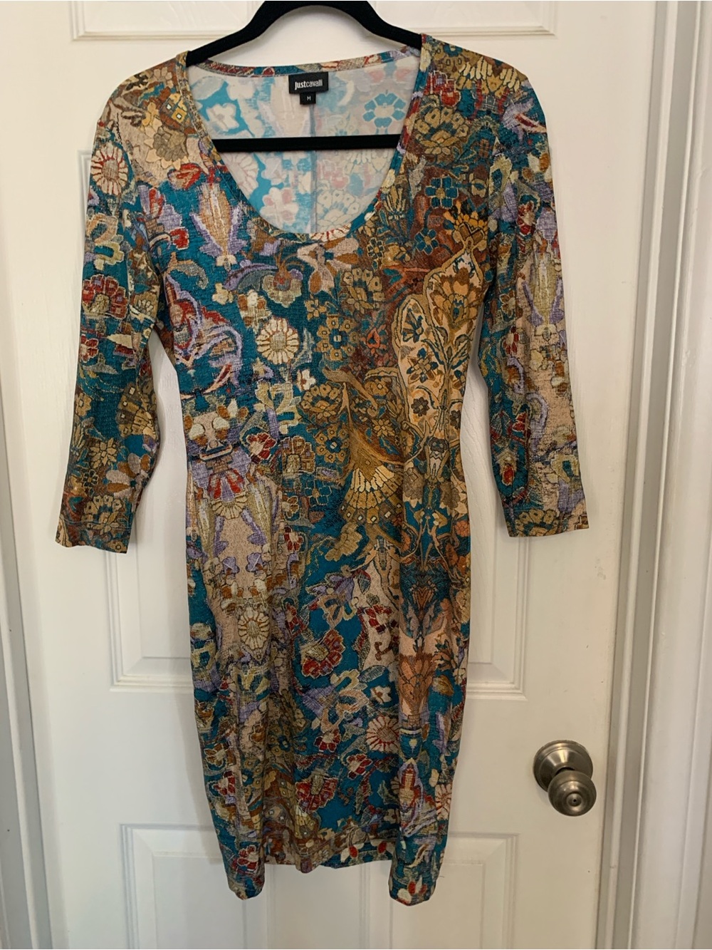 Just Cavalli Teal Multicolor Floral Paisley Long Sleeve Dress